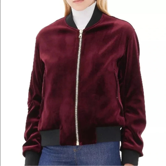 NWOT SANDRO Paris Ventura Cranberry Red Velvet Bomber Jacket - Picture 2 of 14